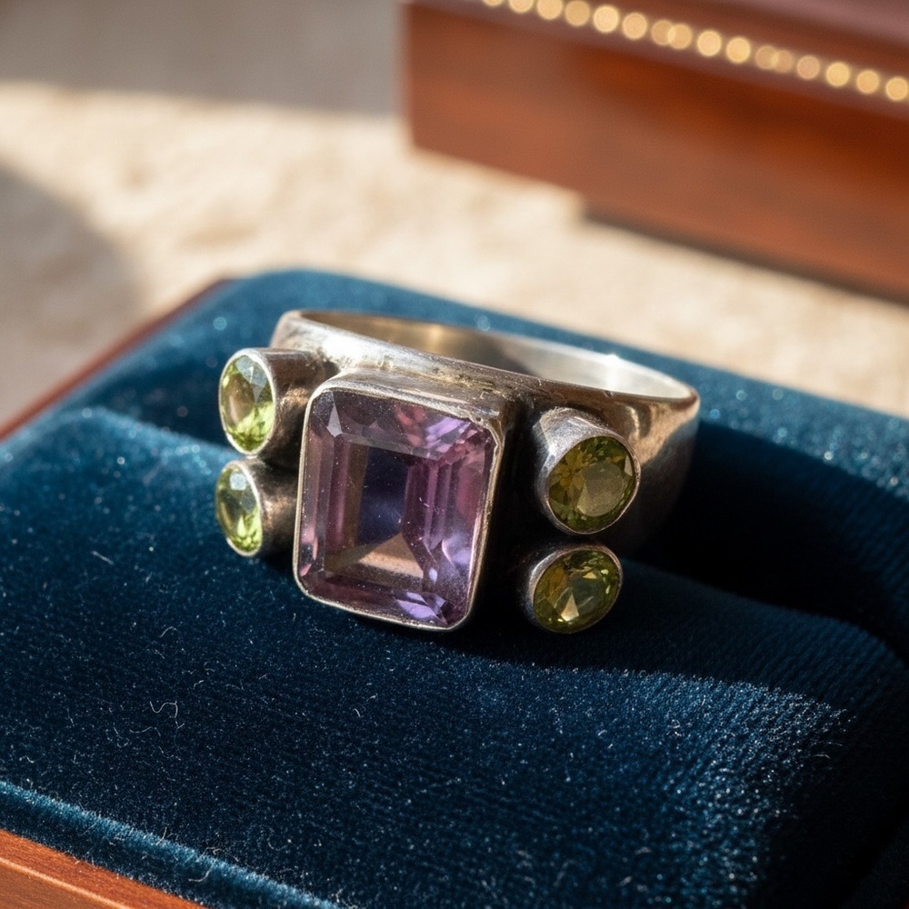 Geometric Nicky ButlerSterling Silver Purple and Green Gemstone Statement Ring - Picture 6 of 7